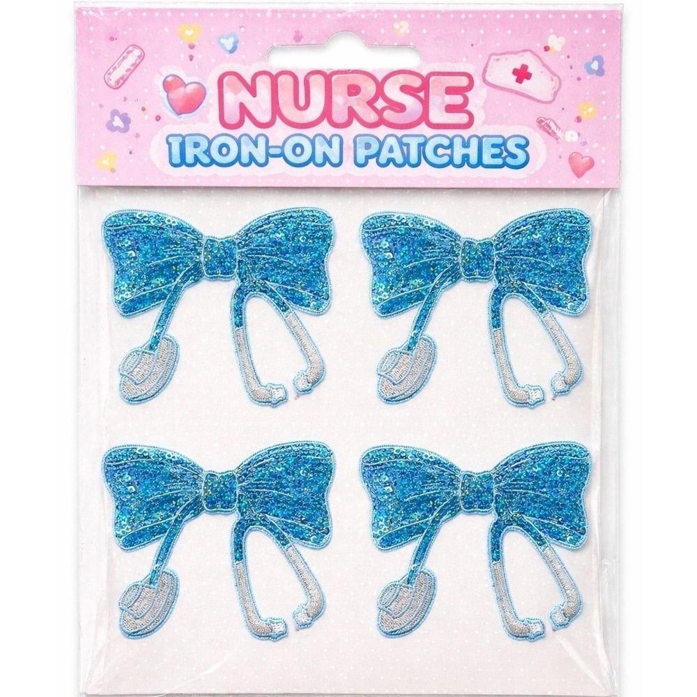 Nurse Stethoscope Bow Iron-On Patches Blue Glitter Sequin Scrubs Applique 4 Pack